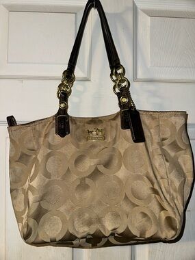 Coach Khaki Signature Tote with Dark Brown Leather Trim Bag